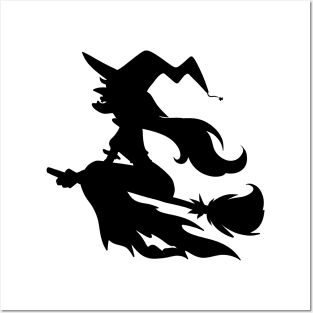 Witch Flying on Broom Stick Black Silhouette Posters and Art